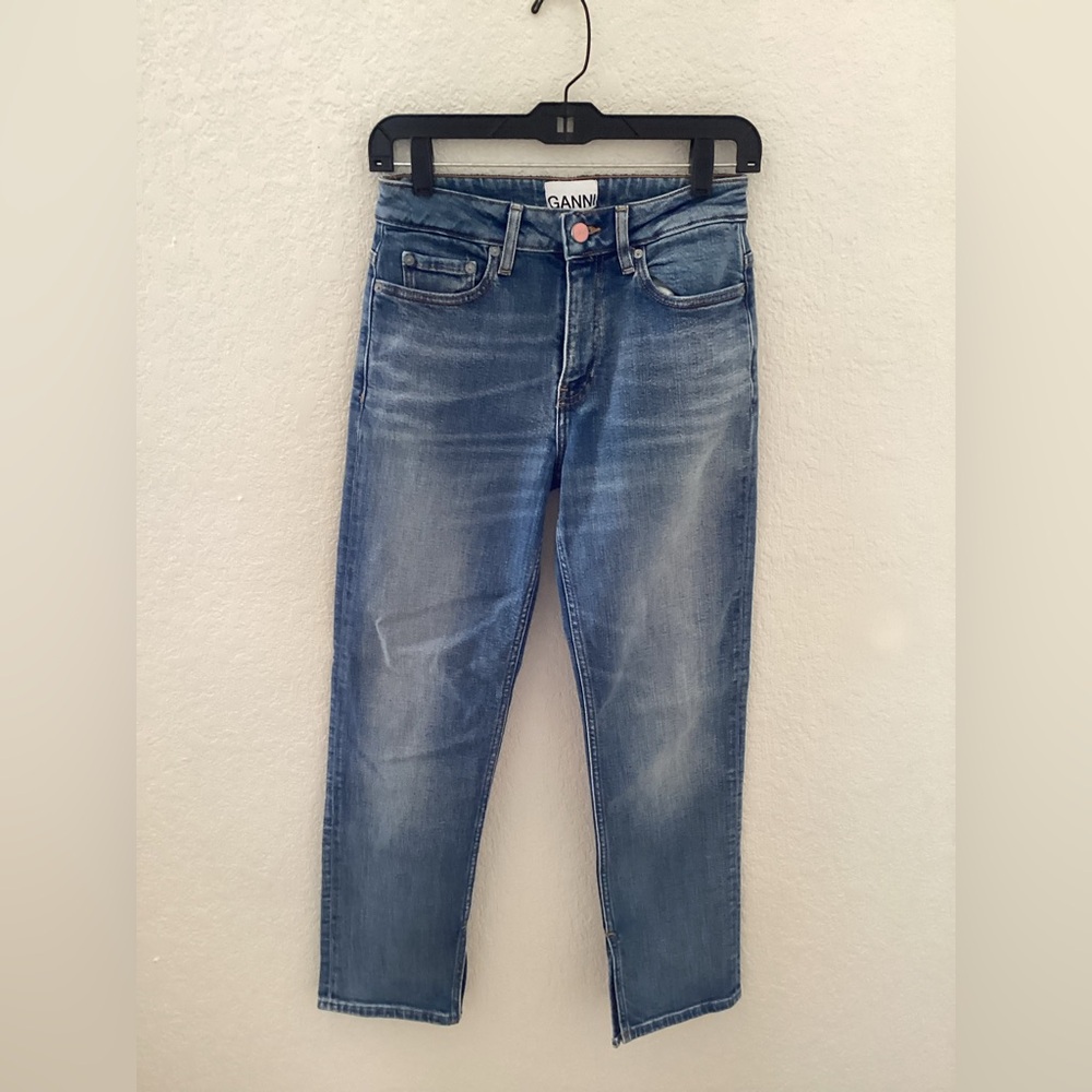 NWT Ganni Mid Blue Vintage Beksi Denim Jeans Straight Leg Midrise Split Hem